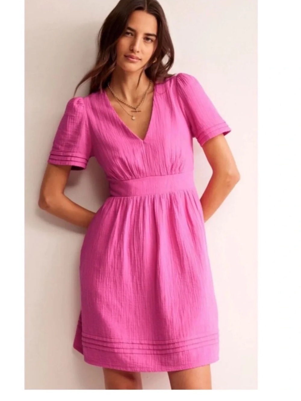 Boden Linen Women’s 4P Fuchsia V-Neck Short Sleeve Dress
